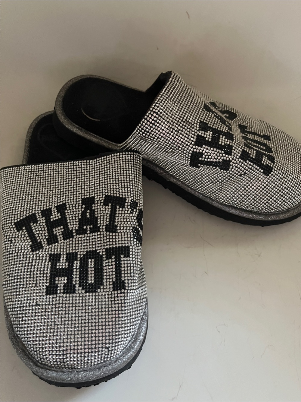 Paris Hilton Silver Crystal Slip-On Slippers with Black 'THAT'S HOT' Text
